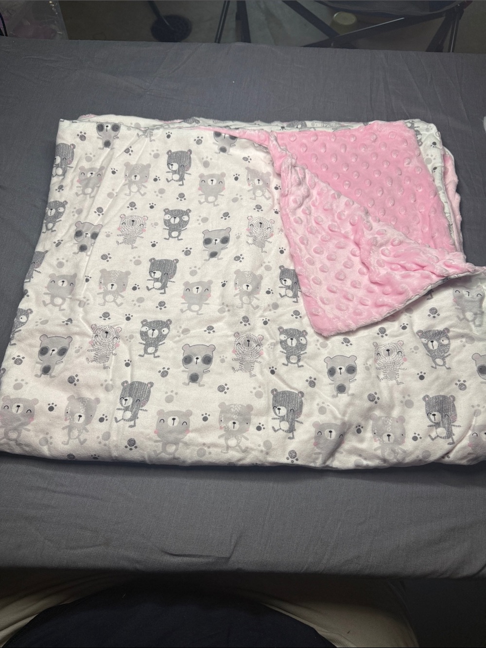 Reversible Pink and Gray Plush Baby Blanket with Animal Print